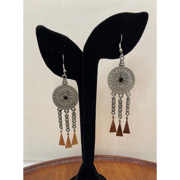 Vintage Boho Tribal Dangle Earrings Antique Silver-Tone Marked JJ 1986 - Picture 2 of 5